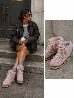 Elena Solano Pink Rabbit Fur Suede Winter Hiking Boots US 7.5 Made In Italy